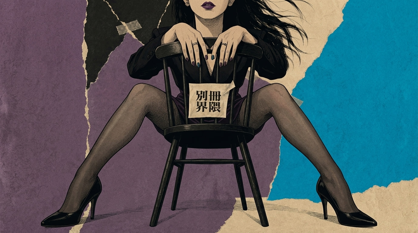 紫とシアンの切り紙を背景に、黒い衣装の人物が椅子に座るイラスト。椅子には「別冊界隈」のビラ。